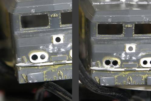 opgeboorde frontseinhouder van 2 naar 2,5 millimeter en afgebroken frontsein na poging opboren tweede gat