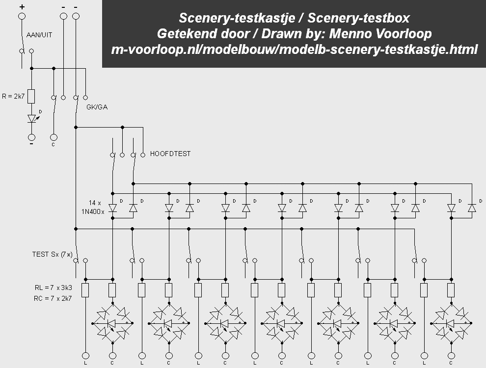 Een elektronisch schema van een testkastje voor modelbouw-scenery