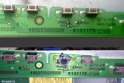 Print met menu-knoppen uit Acer P223W, met origineel en vervangende drukknop diagonaal gemonteerd