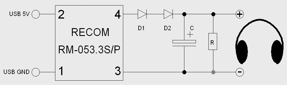 An electronic circuit consisting of diodes, an electrolytic capacitor, one resistor and a Recom RM-053.3S/P converter