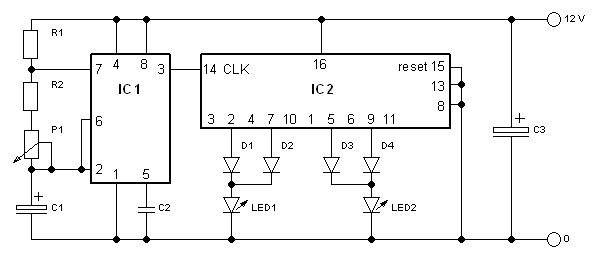 Het schema voor het politieknipperlicht met 4017 en 555 timer