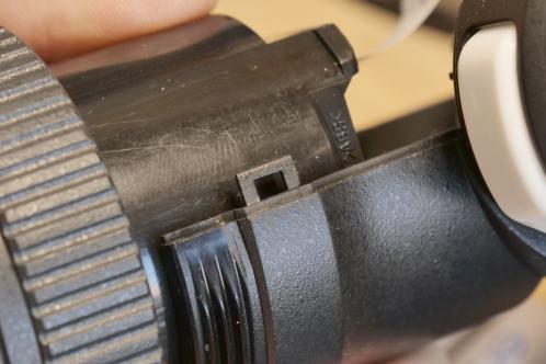 One of the notches that clicks the two shells of a viewfinder on a JVC GY-HM750 together