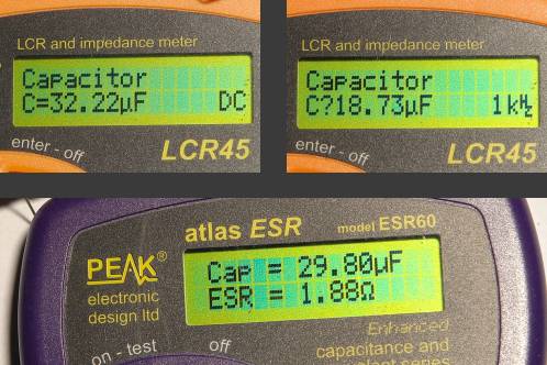 De capaciteit en ESR van een goede elco gemeten met Peak Atlas apparatuur