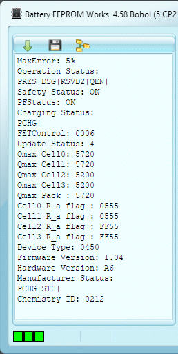 A screenprint of the BE2Works gas-gauge readout program with the dataflash read correctly