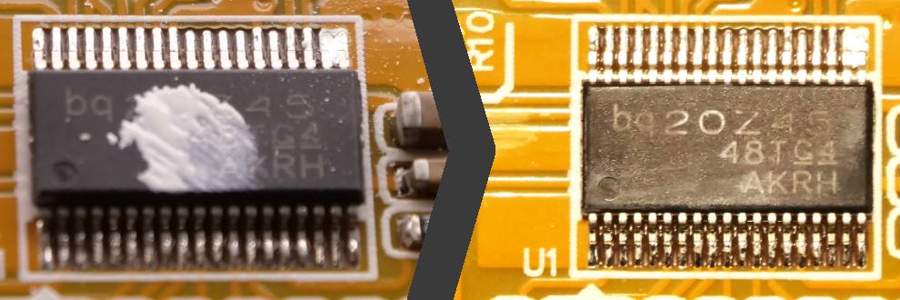 An integrated circuit with a dot of paint and the same circuit with the dot of paint removed, a BQ20Z45