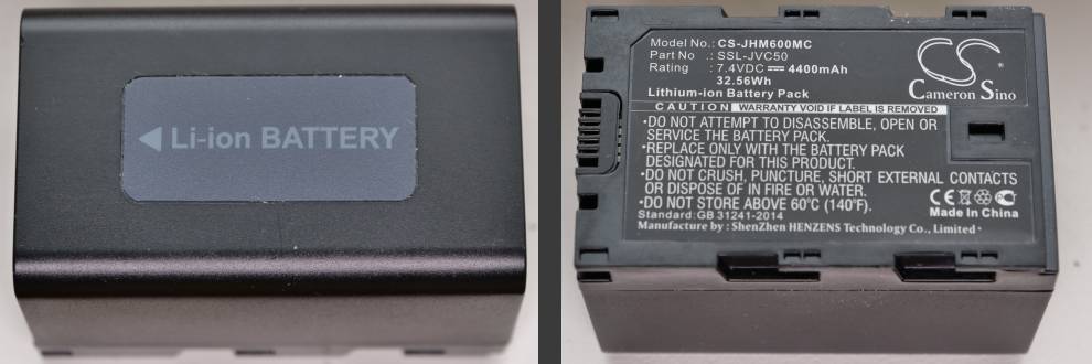 A dark grey plastic block, a SSl-JVC50 third party battery