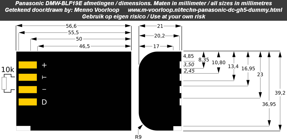 A technical drawing of a Panasonic DMW-BLF19E battery