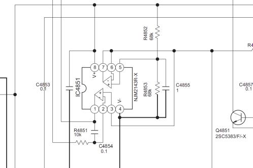 Een elektronisch schema rond een opamp, uit de reparatiehandleiding van een JVC-GY-HM100 videocamera