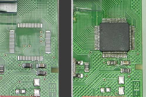 The PCF8576 removed, the PCB cleaned and a new PCF8576 soldered in place