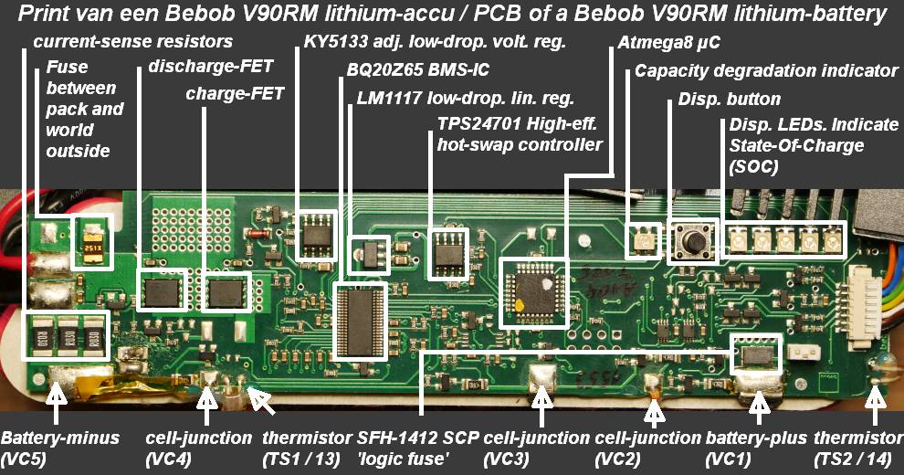 The densily populated PCB of a Bebob V90RM battery with all important components marked
