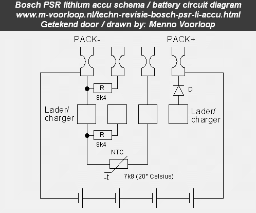 Het elektronische schema van een Bosch PSR lithium accu