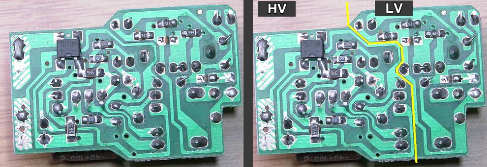 De onderzijde van een goedkope namaak USB-lader, met bedroevend slecht soldeerwerk en minieme scheiding tussen laag- en hoogspanning