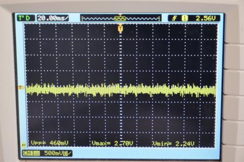 Een oscilloscoopbeeld met een zeer rommelige voedingsspannings van 5 Volt