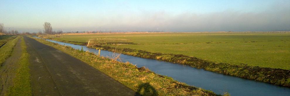 Een mistwolk is in de verte zichtbaar terwijl op de voorgrond de zon nog schijnt in Purmerland op 16 januari 2017