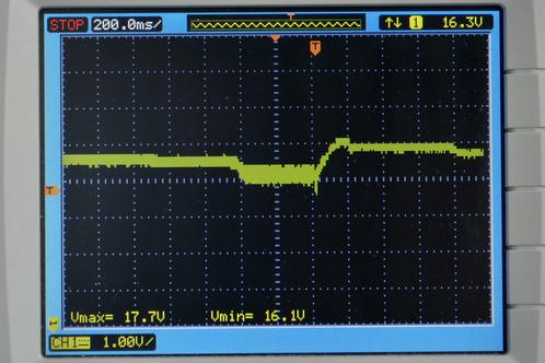 Een duidelijke, maar minder heftige spanningsdip op de ingang van een LM2576 voeding