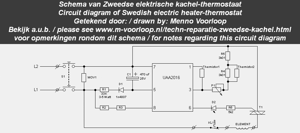 Een elektrisch schema van een zweedse, elektrische kachelregeling op basis van een UAA2016 IC.