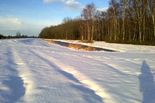 Een stuk strakblauwe lucht met bewolking in de verte zorgt voor stralende zon op compleet onzichtbaar fietspad en velden bij Ringvaart het Twiske, terwijl bomen in de omgeving volledig sneeuwvrij zijn. Sneeuwjacht op 11 december zorgde voor deze mooie foto op 12 december 2017