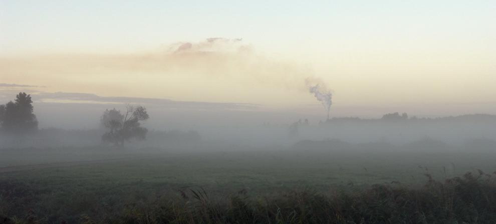 Dikke laag mist boven de velden in het Twiske, waar alleen boomtoppen nog zichtbaar zijn. Op de achtergrond de rook van de schoorsteen van de Hemwegcentrale, die een bruine streep in de lucht achterlaat